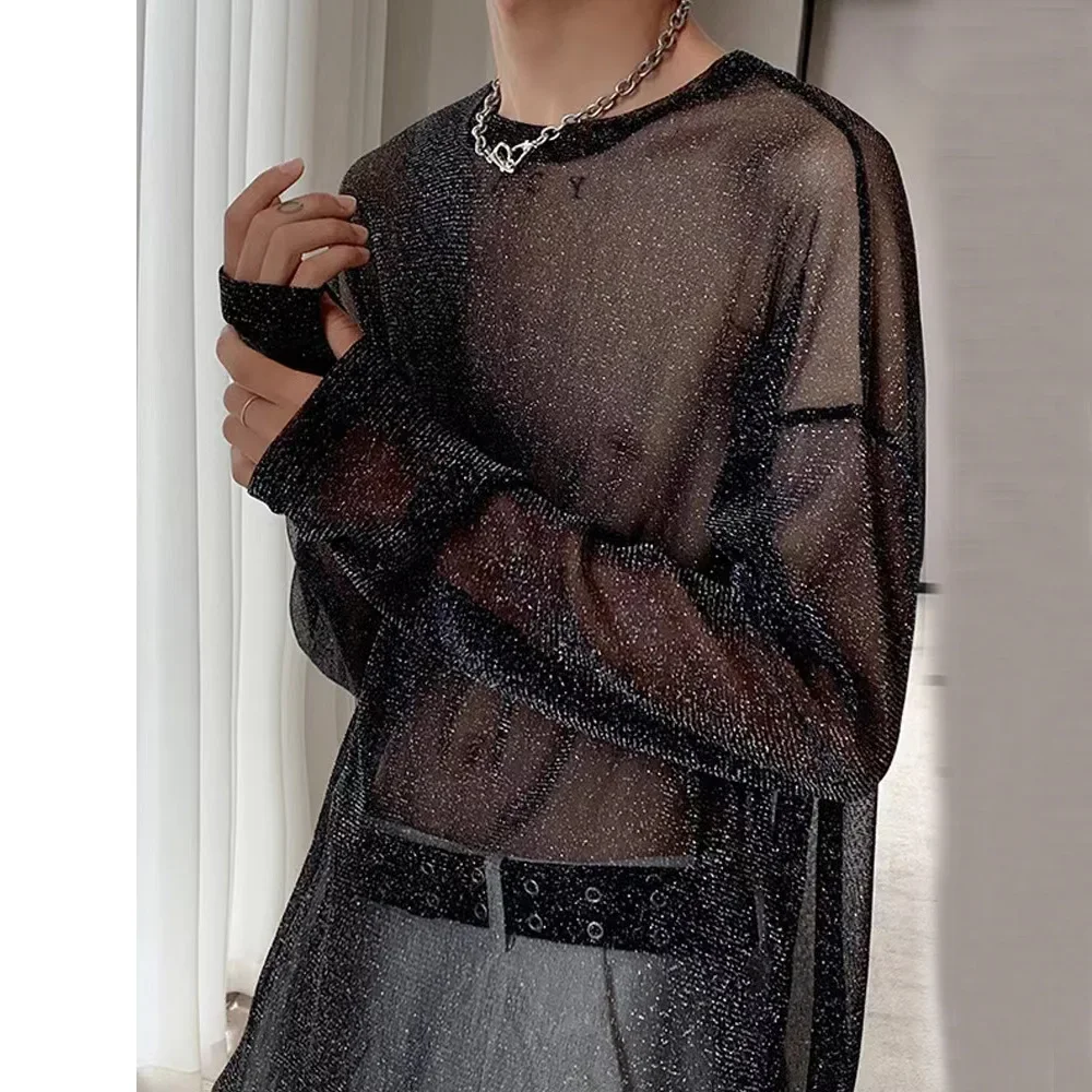 Mesh Long Sleeves Dropped Shoulders Sheer T-shirt Masculine Nightwear Shiny Breathable Mesh Base Layer Shirt Men