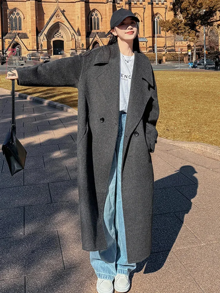 

LANMREM Winter Korean Style Two Sided Wool Long Coat For Women Lapel Double Breasted Solid Color Clothing Office Lady New 2VV316