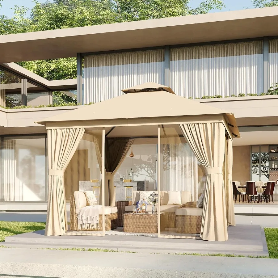 

10'x10' Outdoor Patio Gazebo Heavy Duty Party Tent with Wind-Resistant Ropes Metal Frame Canopy in Beige with Mosquito Nettings