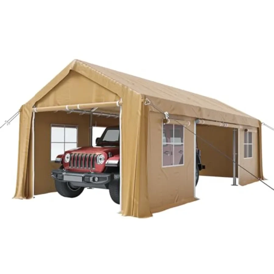 Carport for outdoor storage, heavy-duty polyethylene tarp, gray, waterproof all-season protection with removable sidewalls, doo