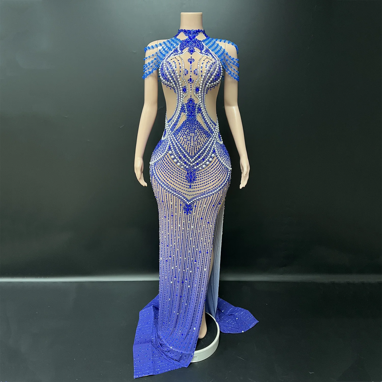 Luxurious Blue Rhinestones Elegant Evening Dress Women Birthday Celebrate Party Dress Sexy Mesh Transparent Photo Shoot Dress