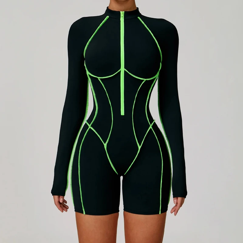 

Women Zipper Yoga Jumpsuits Hollow Out Long Sleeve Bodycon Rompers One-Piece Backless Short Rompers Color blocking Tracksuits