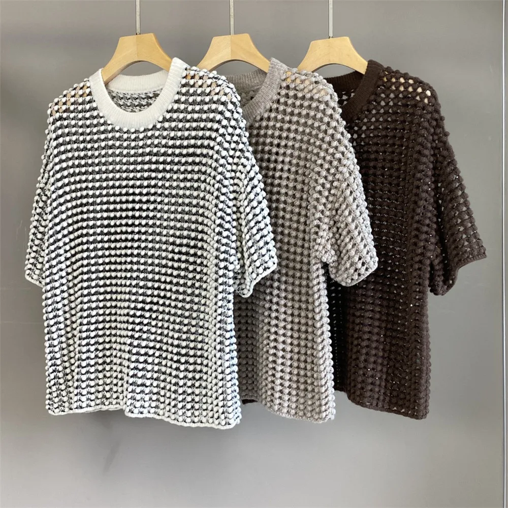 

Women's Clothing 25 Early Autumn New Hollow Round Neck Mid Sleeve Wool Blend Casual Top