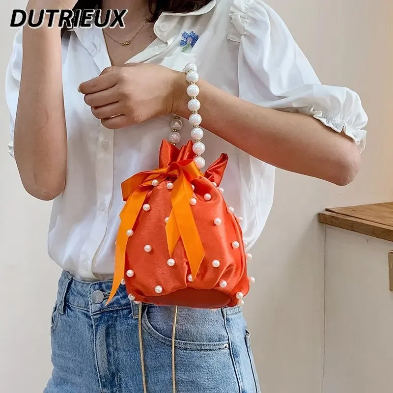 Fashion Pleated Silk Small Bag Female 2024 Summer New Portable Pearl Chain Single Shoulder Women's Bucket Bags Sweet Cute