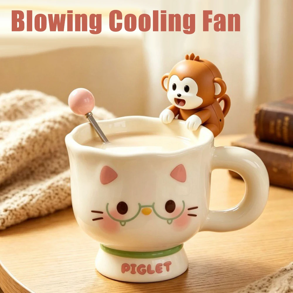Mini Portable Blow Fan Dog Monkey Shape 3 Speeds Long Battery Detachable Cartoon Desktop for Student Office Travel