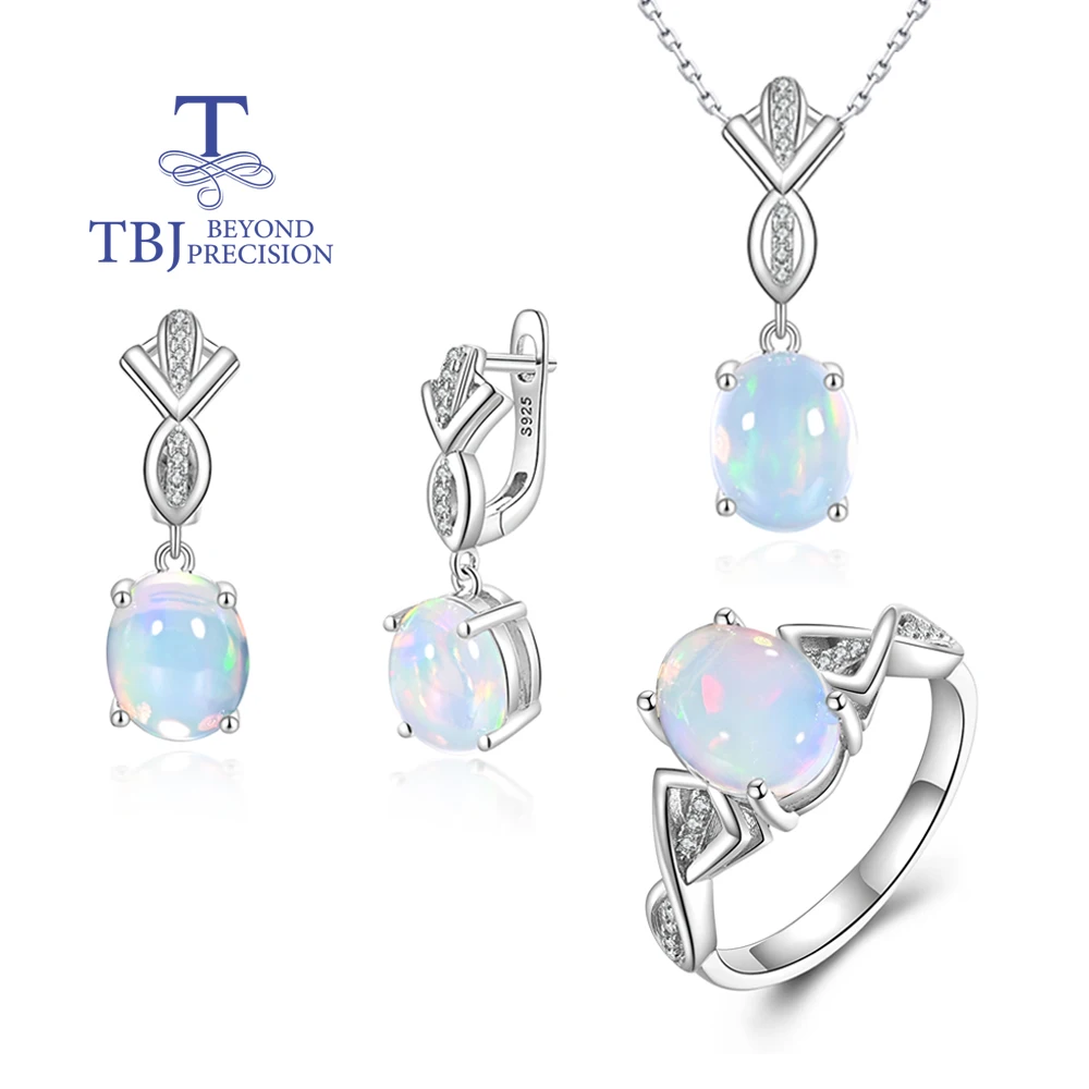 

925 Sterling Silver jewelry set rings earrings necklace Natural oval 8*10mm ethiopia opal fine jewelry for women's banquet gifts