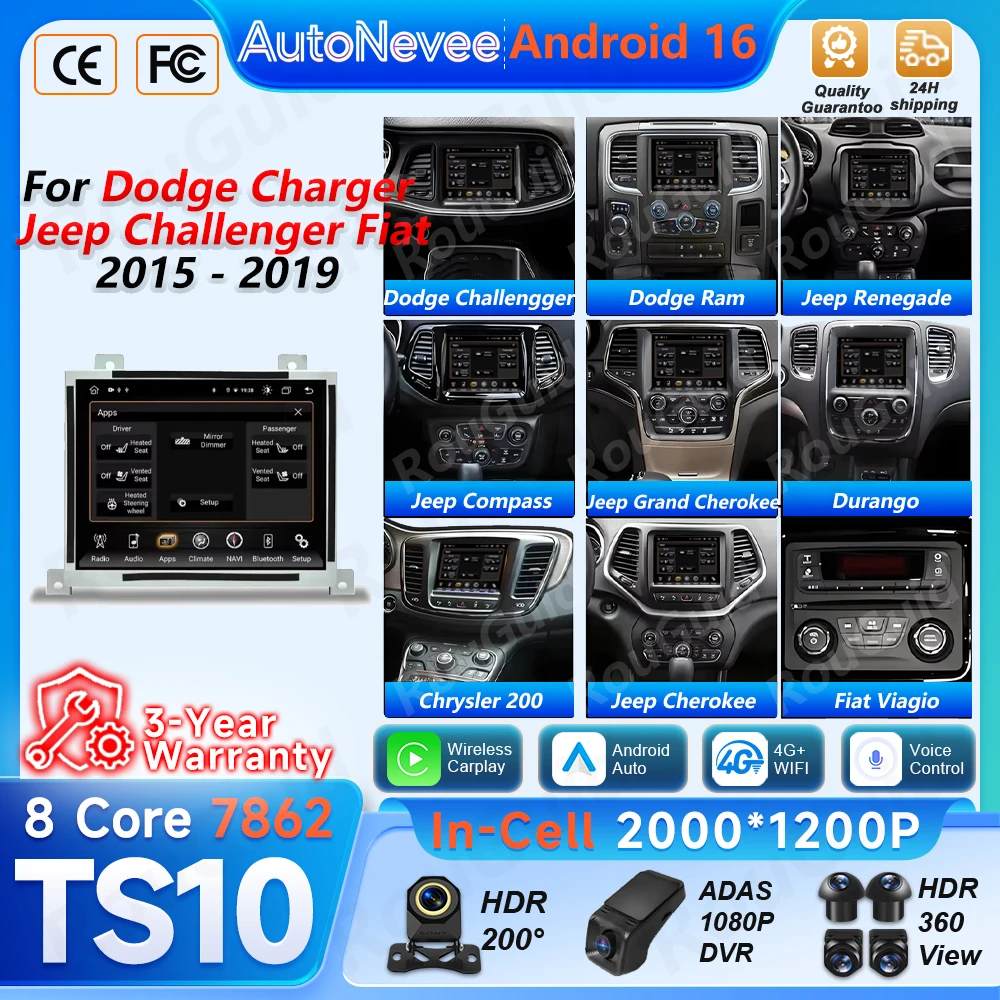 Android BT Car Radio For Dodge Challenger Ram Jeep Grand Cherokee Compass Chrysler Durango Carplay Multimedia Player Navigation