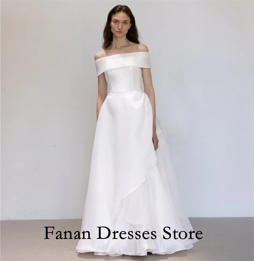 

FANAN Korea Off Shoulder Elegant Organza A-Line Simple Short Sleeves Wedding Dresses 웨딩드레스 Ivory Customized Pretty Brid