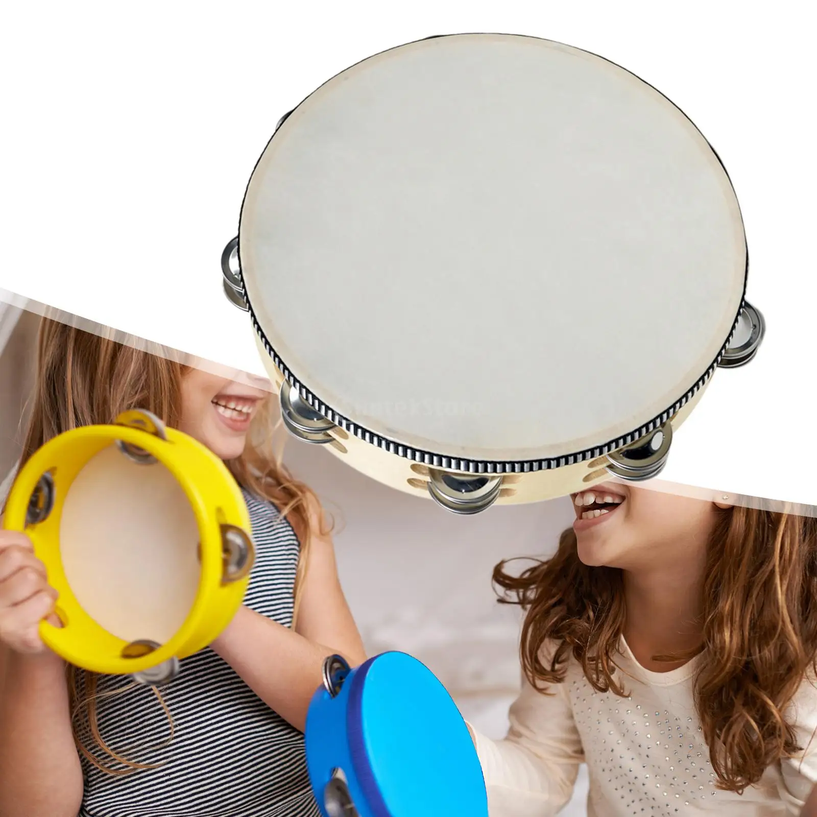 Tamborine de madeira para crianças Jingle Percussion Drum Tamborine Hand, Brinquedos educativos, Presentes de educação musical para crianças, 6in, 4