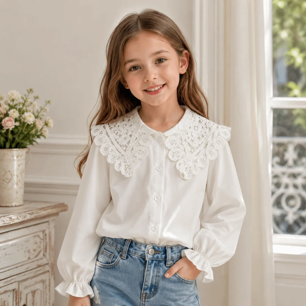 Lace Embroidery Long Sleeve Blouse Solid Color White Long Sleeved Cotton Shirt Top Loose Fit 1-6Y Size Peter Pan Collar Shirt