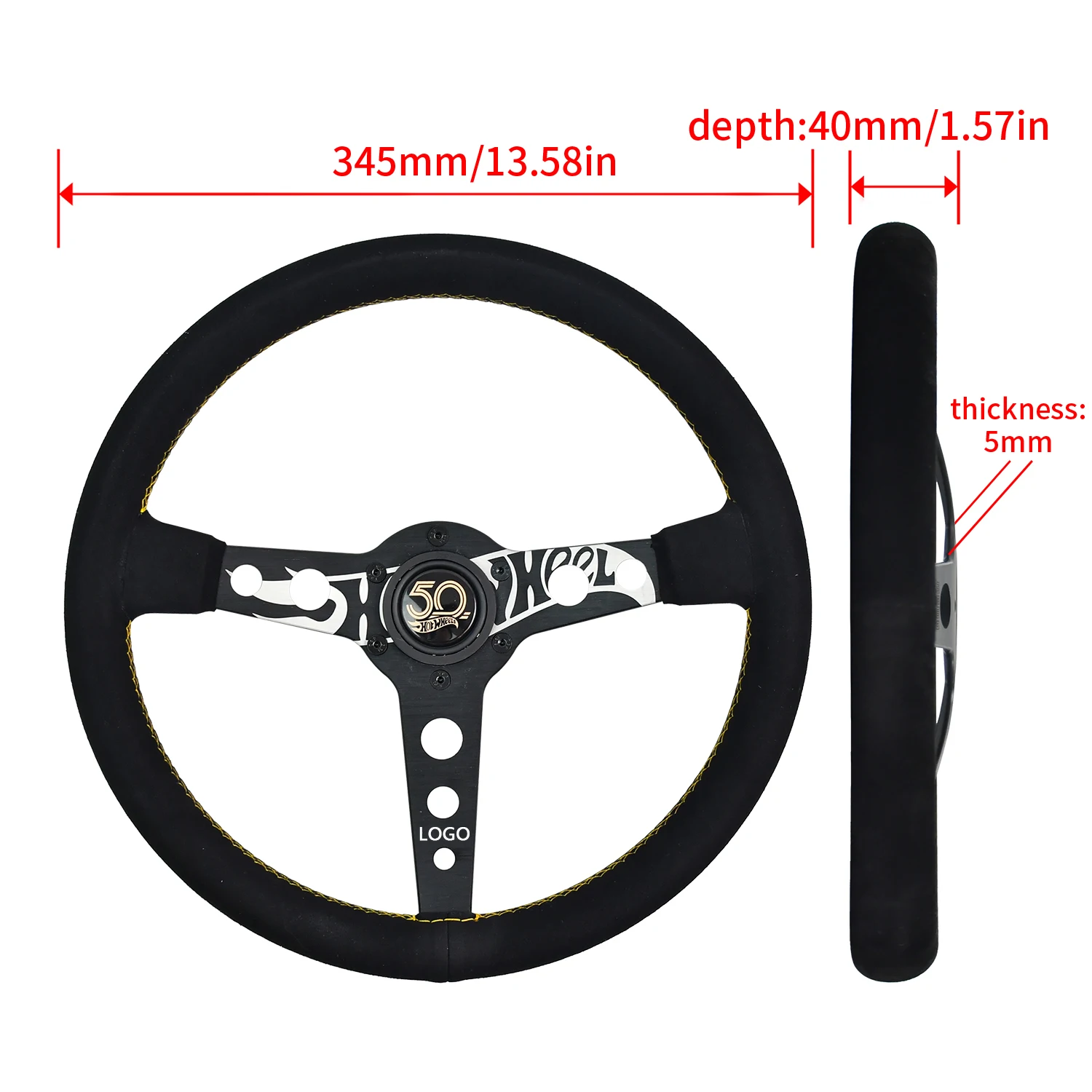 Volante esportivo universal de 345mm, acessórios de couro de camurça para carro, peças automotivas esportivas, jogo de corrida, volante de simulação