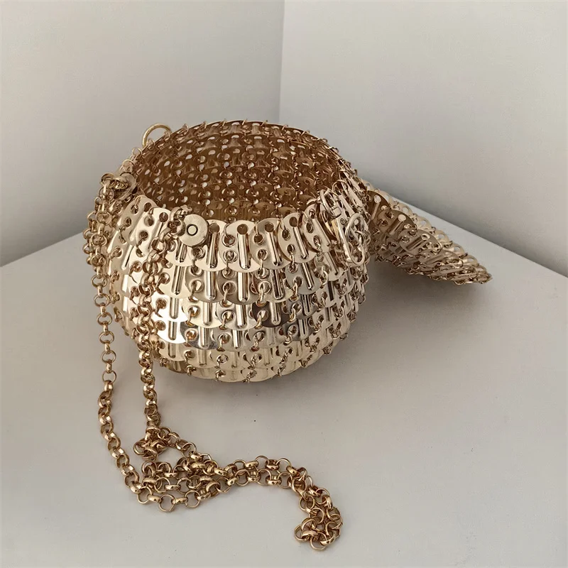 

Quality Evening Bag Luxury Design Gold Metal Sequins Round Clutch Bag for Women 2025 Hand Woven Dress Party Wedding Circle Bag