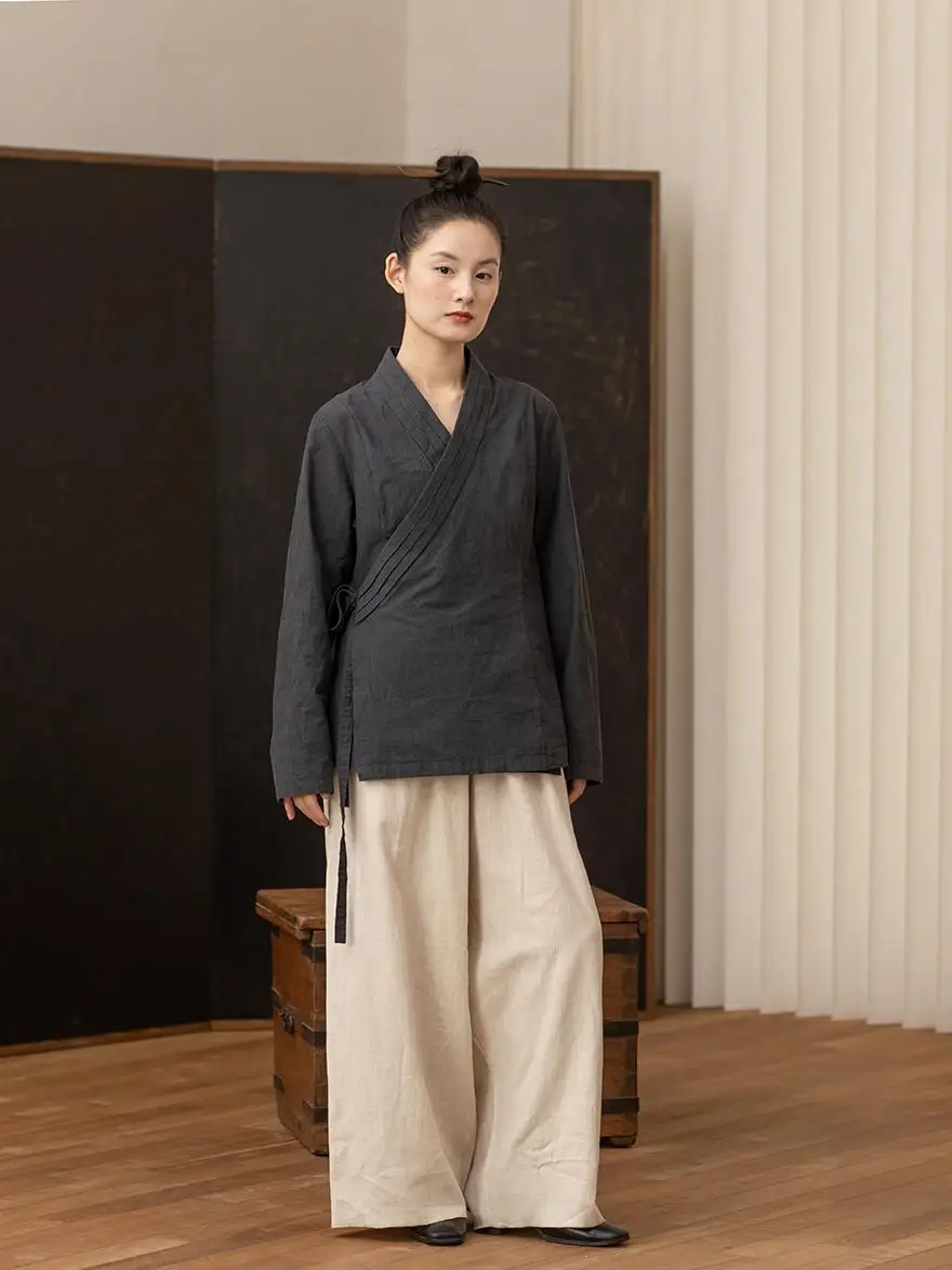 

Casual Cotton Linen Elastic Waist Loose Fit Pants Artistic Style Natural Waist Straight Leg Pants for Women