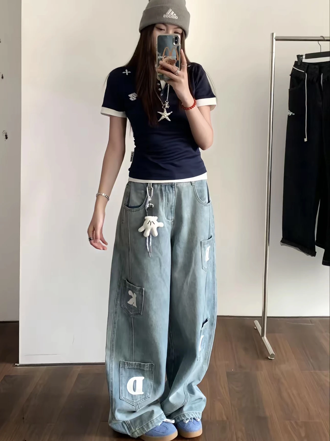 

American Style Water Washed Multi Pocket Knife Jeans Loose Fit Casual Long Pants Men Women Letter Splicing Jeans