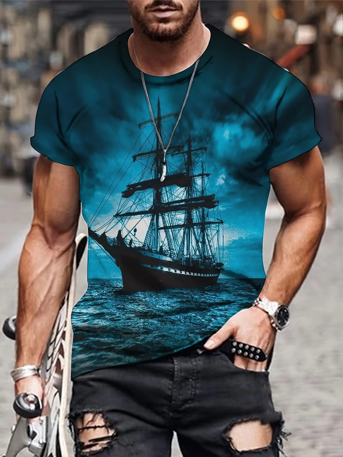 2026 Family Matching Outfits 3D Print Vintage Sailing Ship T-shirt, Ocean Pattern Short Sleeve Casual Tee for Men Women Kids