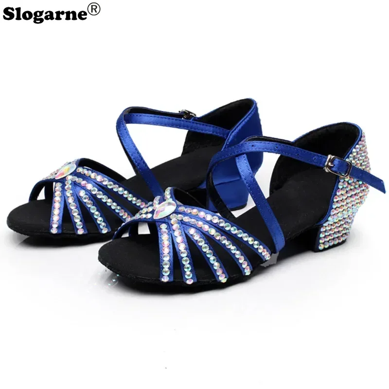 2026 Women Summer New Water Diamond Latin Shoes Kids\' Satin Artificial 3.5CM Heels Jazz Waltz Tango Modern Ballroom Dance Shoes