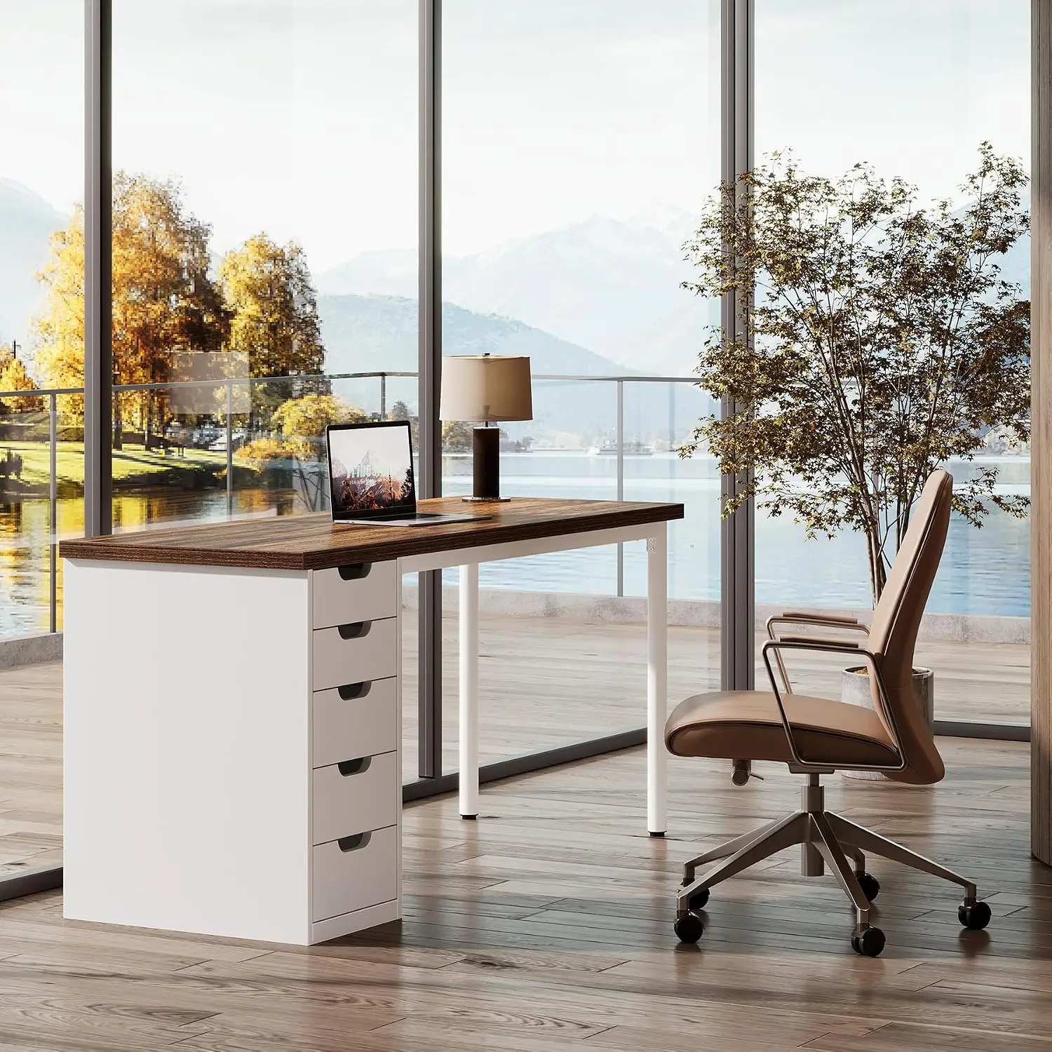 Simple Computer Desk with 5 Reversible Drawers, 47 Inch Rustic Brown Study Writing Table for Home Office, Customized