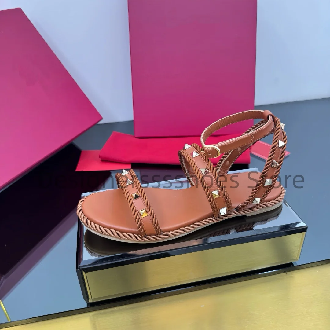 Electroplate Rivet Woven Wedge Sandals Cowhide Upper & Lining Anti-slip Outsole Platform Shoes Size 35-41