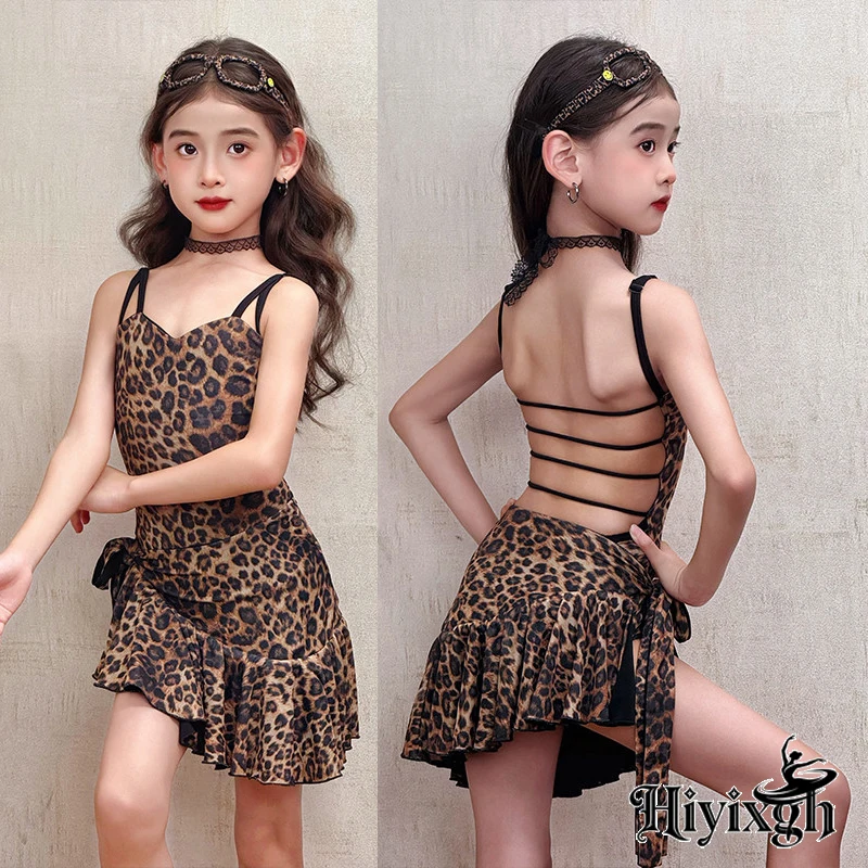 Children'S Dancing Dresses Girls Leopard Latin Dance Dress Kids Chacha Latin Dance Comeptition Clothes Stage Dancwear