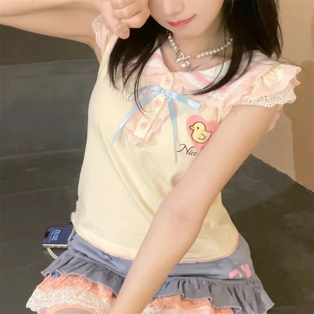 

Милый матросский воротник Y2k, эстетические милые топы Kawaii, летние женские футболки 90-х годов в стиле Лолиты с мультяшным принтом, футболка в стиле Харадзюку, уличная одежда