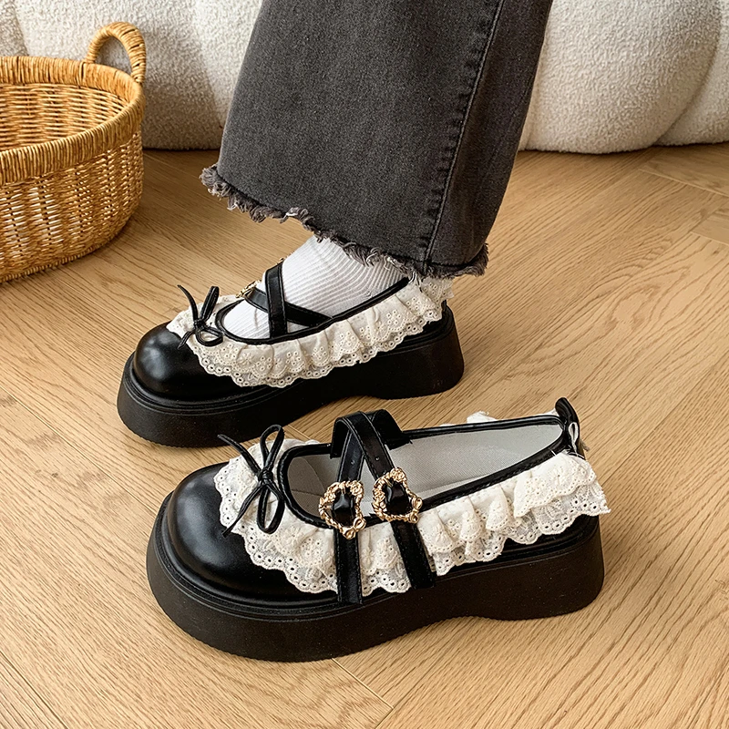 Women's Sweet Style Lace Trimmed Mary Jane Shoes 2026 Spring  Summer New Thick-soled Casual Round-toe Comfortable Low-top Shoes