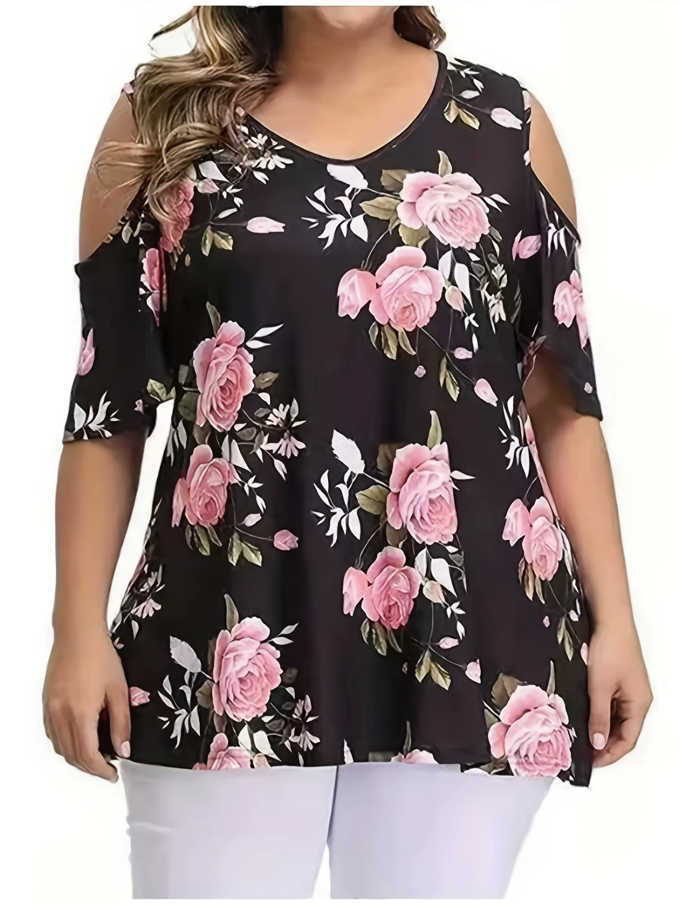

Women Cold Shoulder Flower Print Top Plus Size