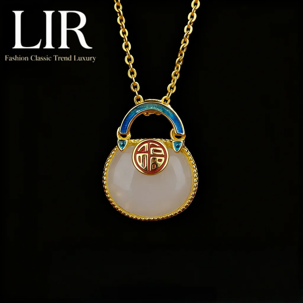 قلادة LIR النسائية: قلادة من اليشم الهيتي الطبيعي "حقيبة مباركة" بلون المينا |   المجوهرات الجميلة مع شهادة اليشم