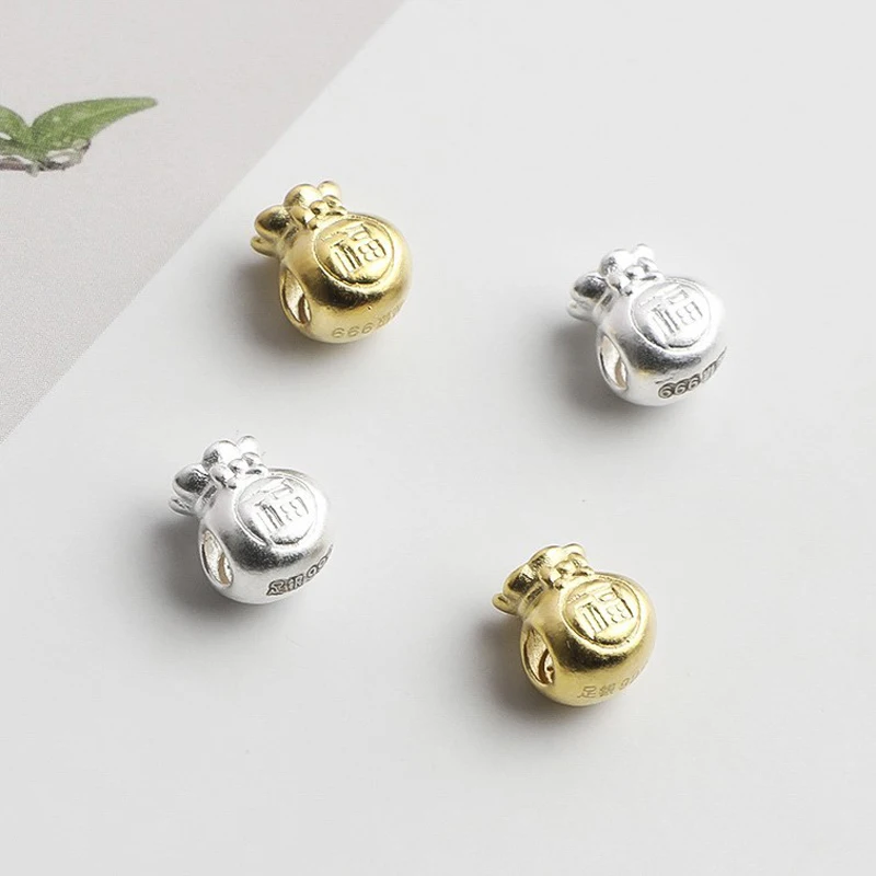 999 Sterling Silver Fortune Money Bag Spacer Beads Chinese Fu Character Large Hole Loose Beads for DIY Bracelet Necklace Jewelry