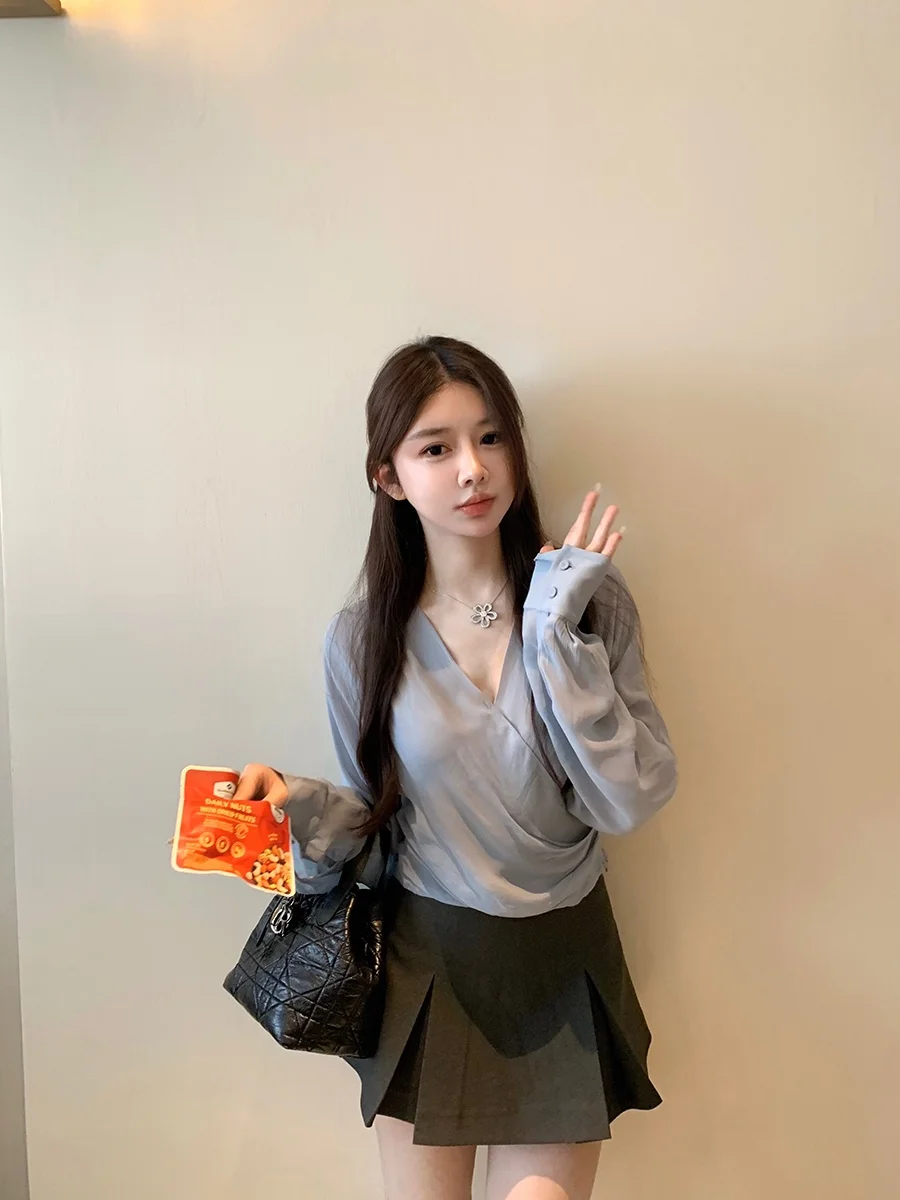 

Ele Thin Cross V-Ne OL irt And Skirt Set for Women Gentle Sle Eleven Girl Soft Cotton Long Sve Comfortable Breat...