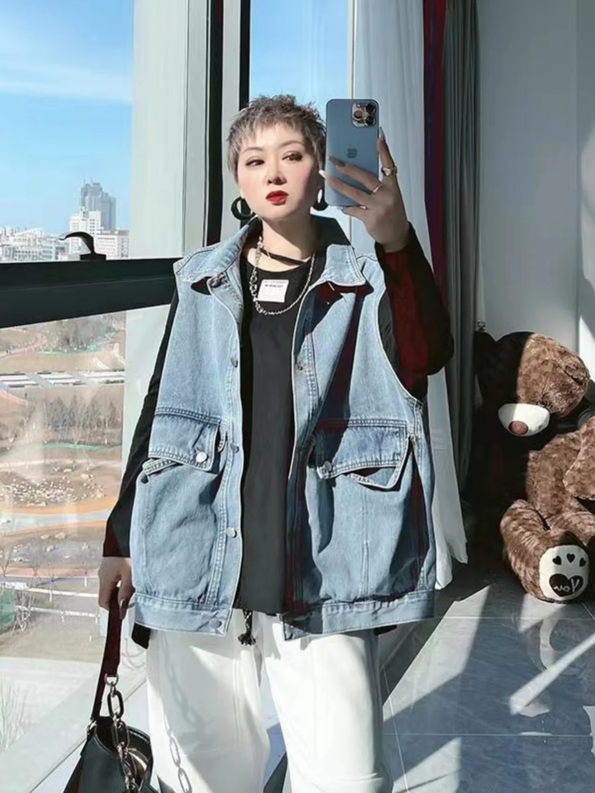 

plus Size Denim Vest Spring Autumn Sle Loose Outerwear Faionable Women's Jaet for Heavy Girls Comfortable Cotton Vest