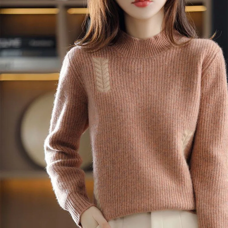 Mock Neck Color Contrast Loose Korean Sweaters New Autumn Winter Long Sleeve All-match Pullover Knitting Bottoming Shirt Top