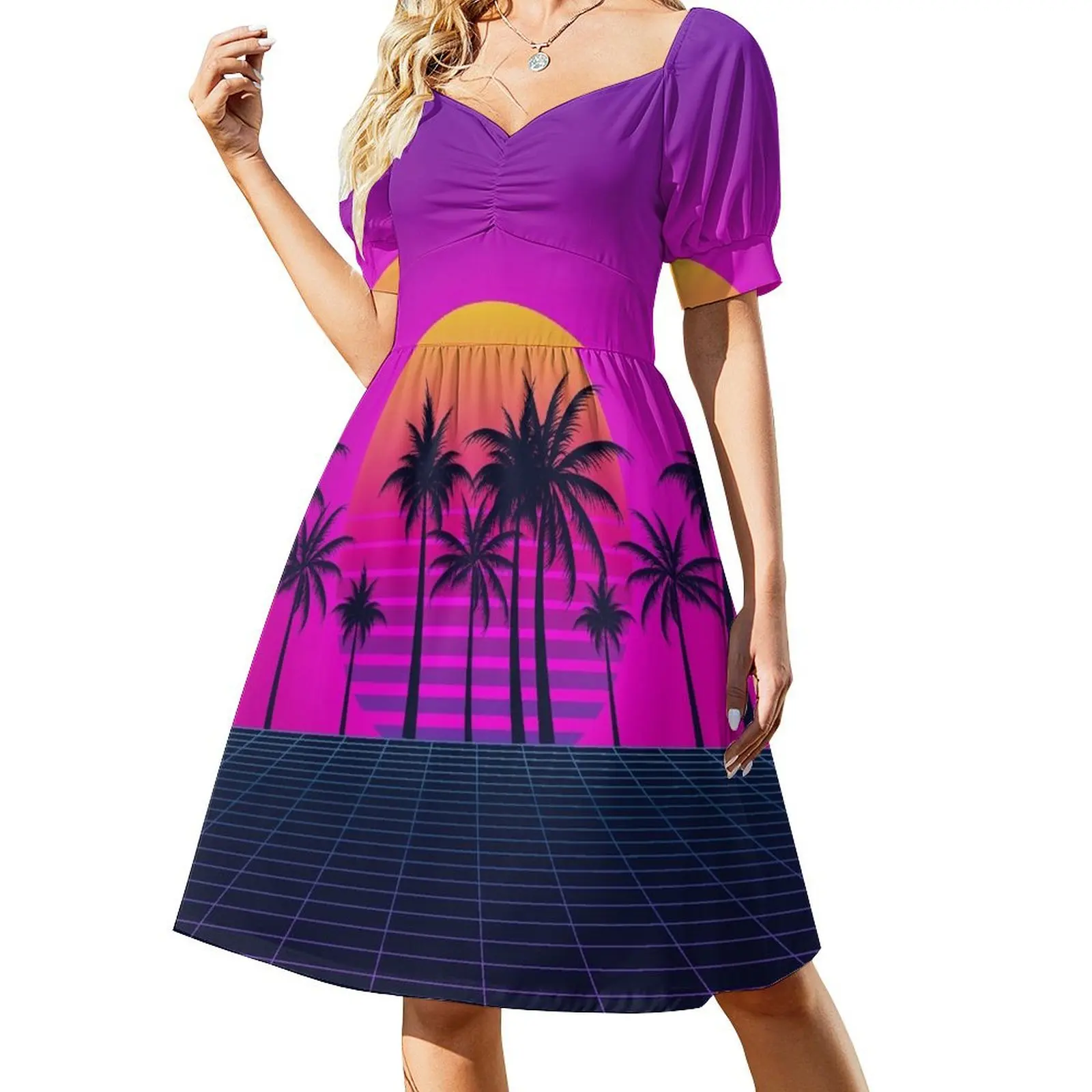 

Retrowave Sunset and Palm Trees Short Sleeved Dress party dresses woman luxury evening dresses for women 2025 Dress