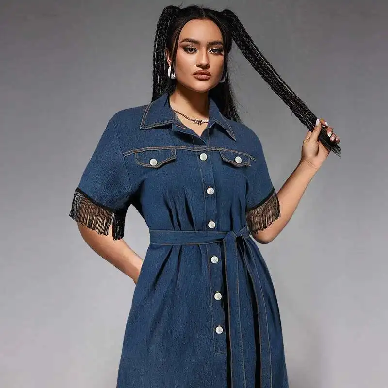 218383   Plus rozmiar damska z krótkim rękawem i frędzlami zapinana na guziki sukienka z paskiem w talii seksowna sukienka 2025 Party lato Elegantes Casual Y2k