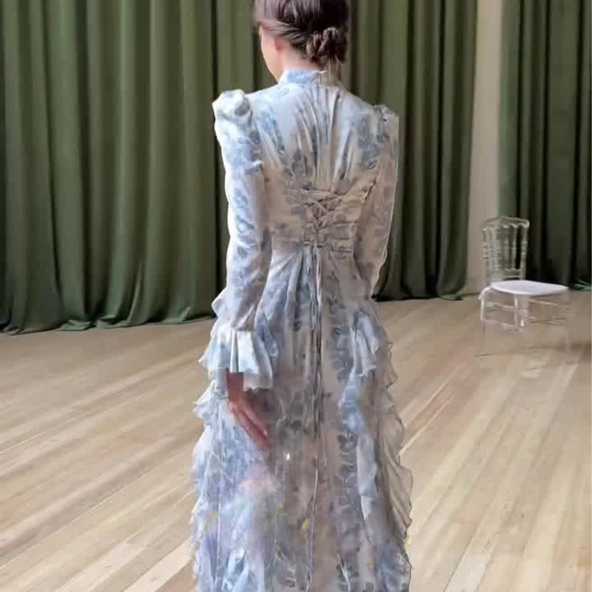 2025 novo na primavera estilo suave fino ajuste rendas até vestido de cetim impresso manga comprida vestido longo para mulheres roupas femininas elegantes