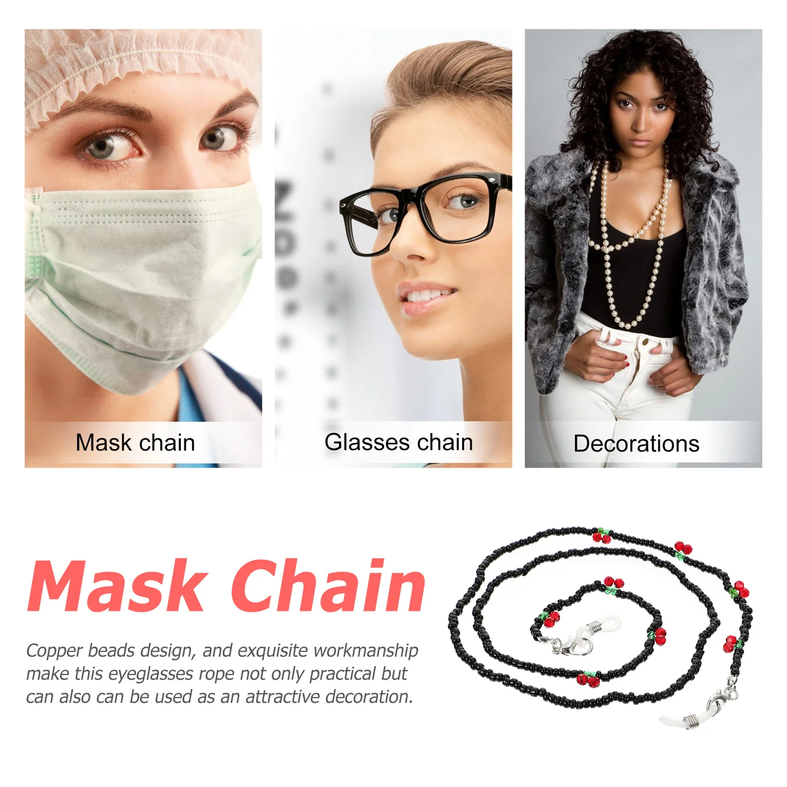 

1Pcs Cherry Bead Glasses Chain Quality Hanging Eyeglasses Bead Chain Mask Strap Protective Decorative Stylish Glasses Cord