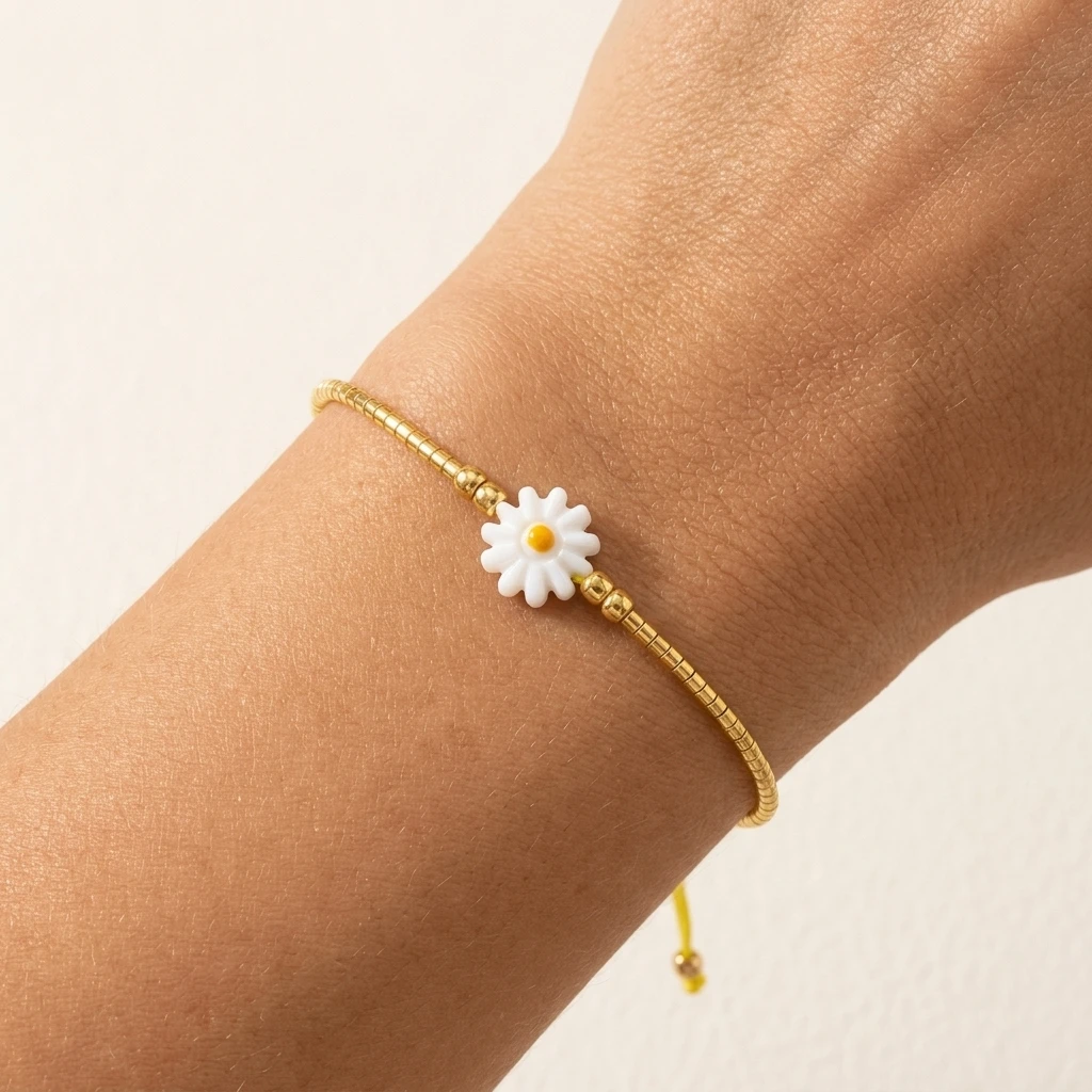 1pc Women's Bohemian Copper and Glass Beaded Strand Bracelet with White Daisy Flower Adjustable Drawstring Cord