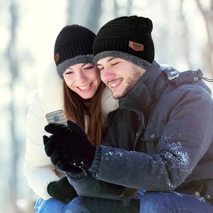 4Pcs Winter Warm Knit Beanie Hat Scarf Touch Screen Gloves Set Unisex Thicken Plush Neck Gaiter Outdoor Cycling Protection Kit