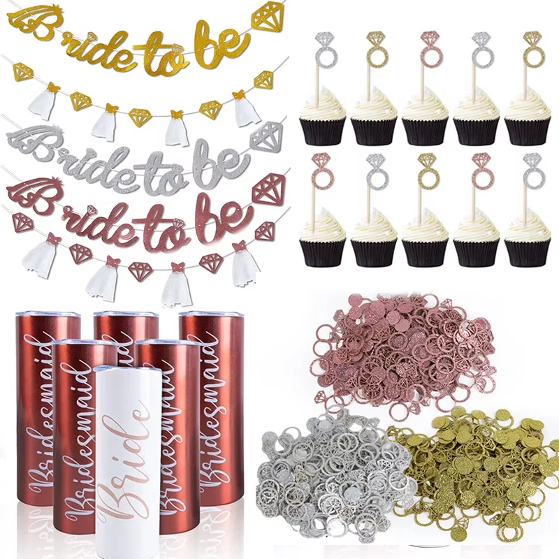 Rose Gold Banner Garland Glitter Diamond Confetti Bridal Thermos Bridesmaid Gift Bachelorette Party Supplies Bridal Shower Decor