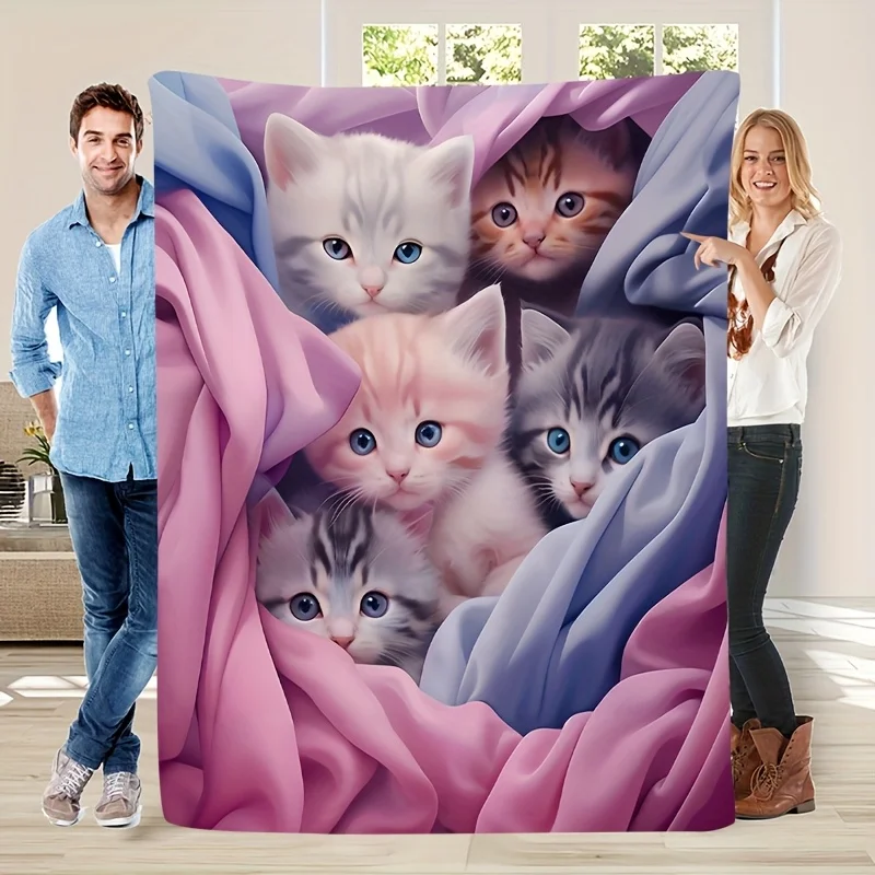 Ultra Soft Kitten Family Throw Blanket Plush Polyester Cute Pet Animal Design Nursery Decor Bedding Gift