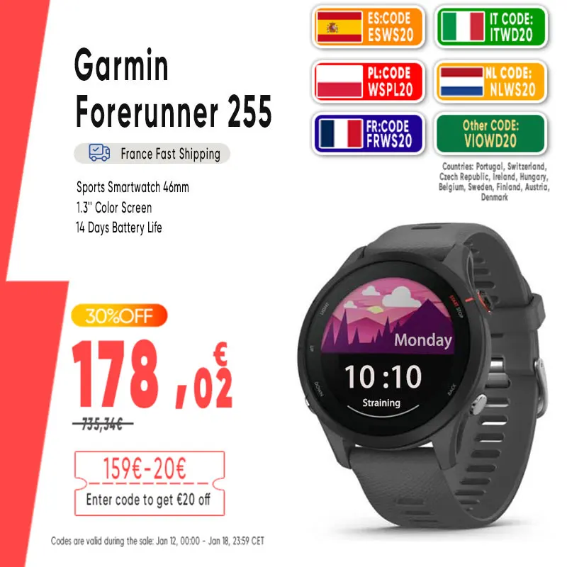 Garmin Forerunner 255 sport Smartwatch 46mm 1.3 ''écran couleur 14 jours d'autonomie de la batterie 4GB RAM NFC Bluetooth Wifi 5ATM étanche