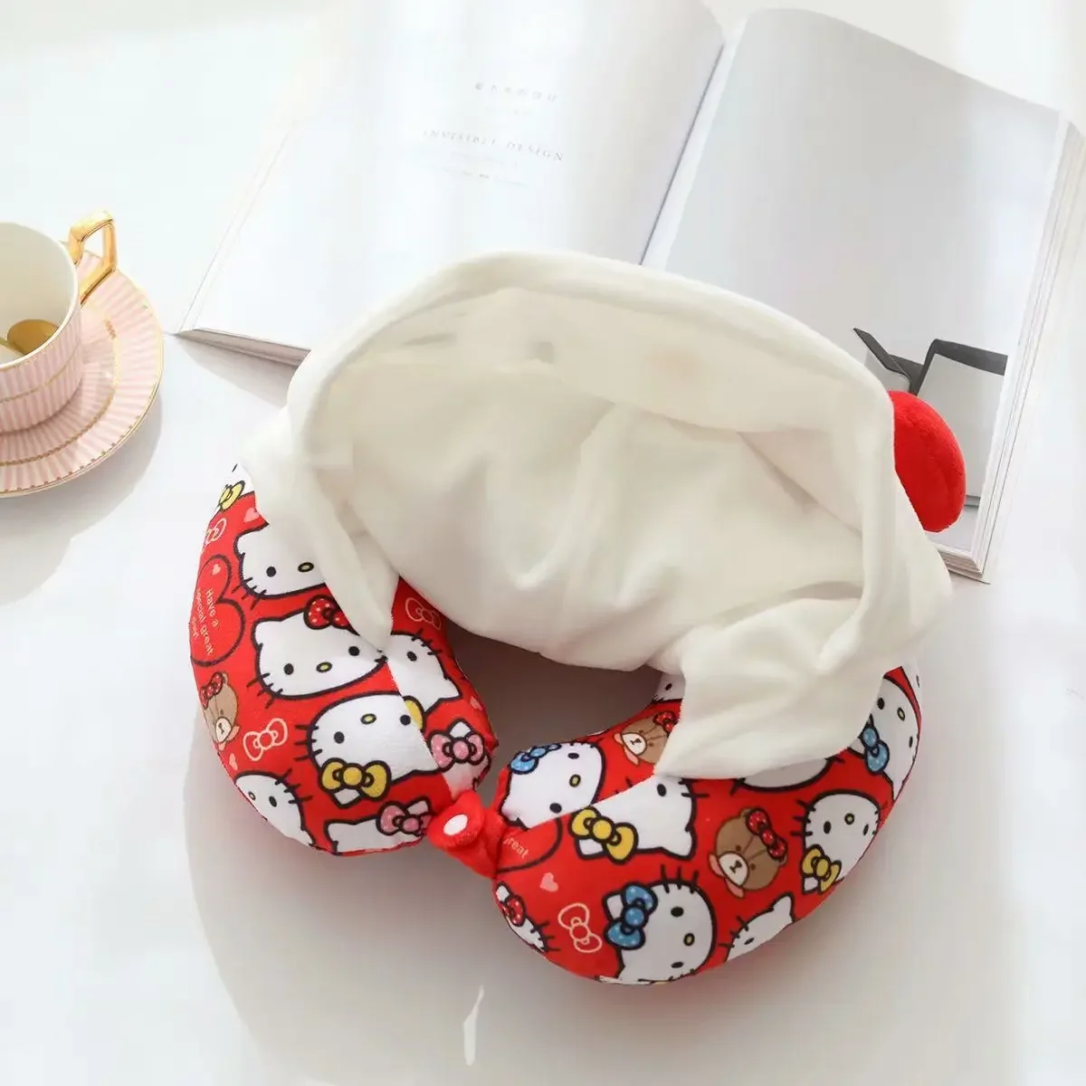 Hello Kitty New Cartoon Hooded U-shaped Pillow Animal Series Office Worker Portable Hooded Neck Protection Pillow U-shaped Cute