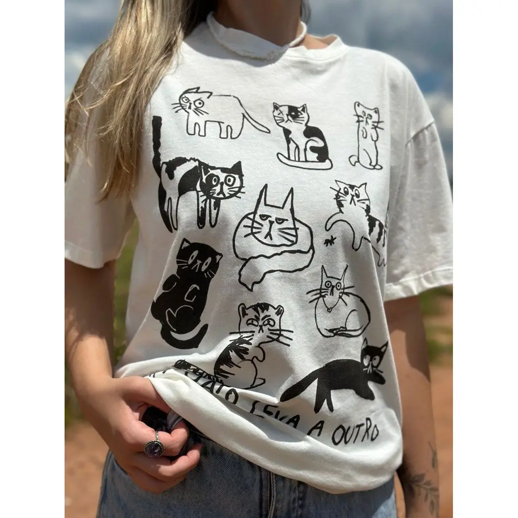 ルーズオーバーサイズホワイト半袖tシャツ漫画アメリカンレトロ猫ラインスケッチby-wang-studio春用カジュアルトップス