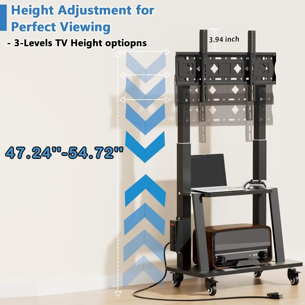 حامل تلفزيون دوار قابل لضبط الارتفاع مع مخرج طاقة، يناسب تلفزيونات 32-83 بوصة حتى 130 رطل، VESA 600 × 400 مم