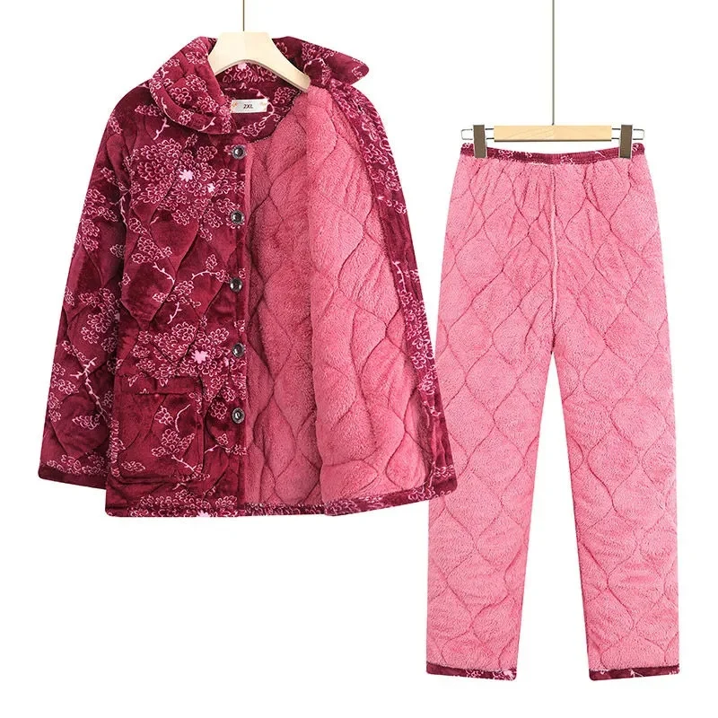 Middle Aged Elderly Women\'s Pyjamas Winter Sleepwear Fashion Thickened Warm Cotton Coat Pants Suit Grandma Home Clothing 2023
