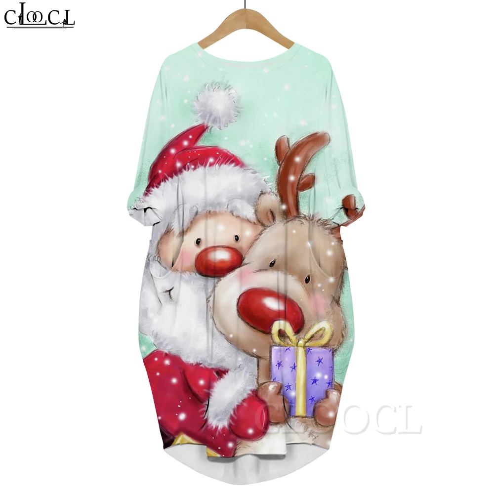 

CLOOCL Christmas Fashion Dress Santa Moose Graphics Printed Long Sleeve Knee-length Dress Women Pocket Dress Evening Clothing