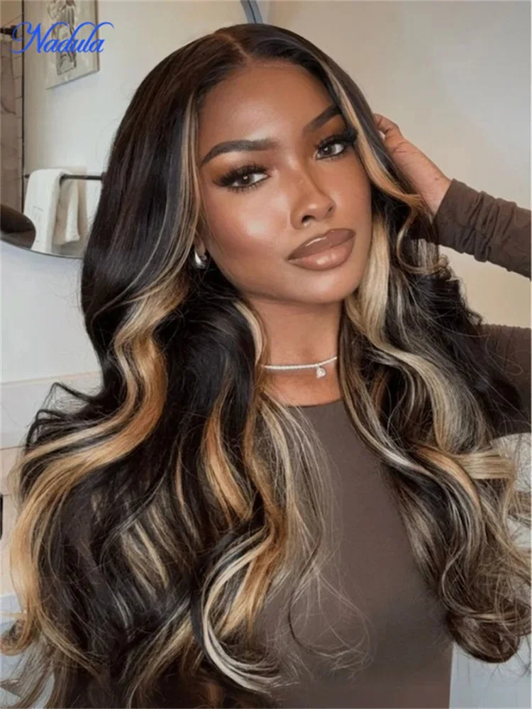 Nadula Highlights Blonde Human Hair Wig with Face-Framing Loose Wave 7x5 Pre Cut HD Transparent Lace Glueless Wig 100% Human Hair Pre Bleached Knots Pre Plucked Put and Go Drawstring Wig for All Heads Sizes Free Local Return