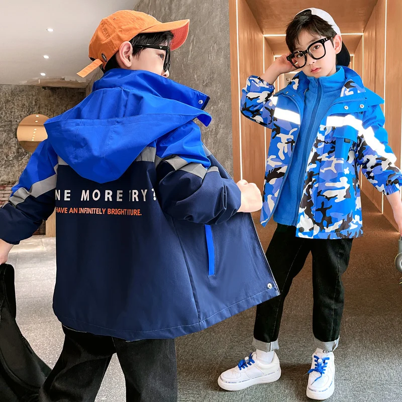 

For Waterproof Boys Jacket For Autumn 2023 New Fashion Reflective Strip Camouflage Patchwork Removable Coat Children'S Outerwear