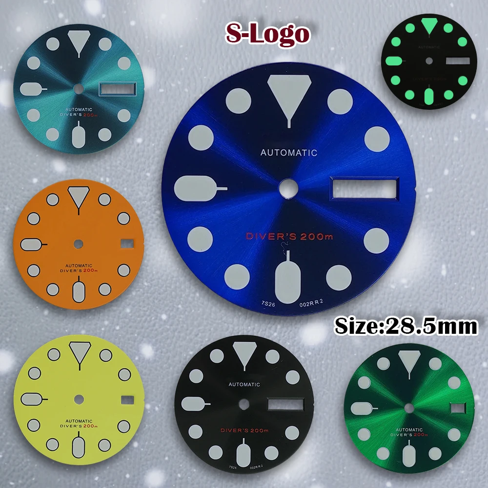 28.5mm S Logo Diver's Dial Fit NH35/NH36 Movement C3 Green Luminous SKX007 Matte Sun Pattern Dial Watch Modification Accessories