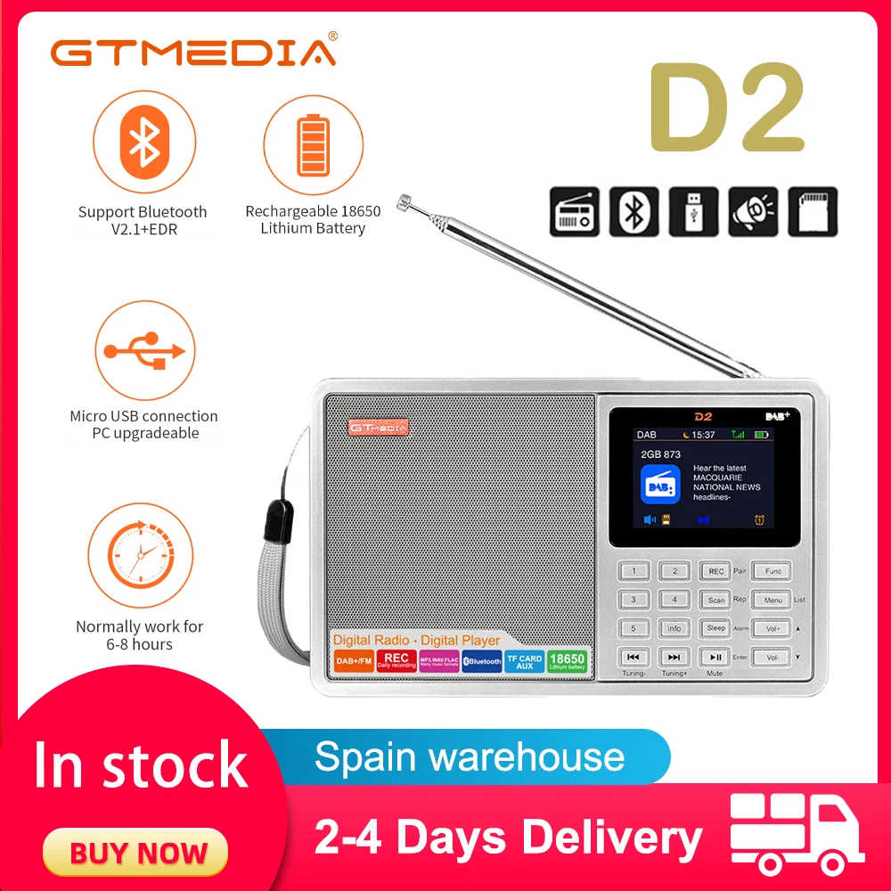 

FM Radio GTMEDIA D2 Portable DAB Digital Bluetooth Speaker AUX IN TF Card Slot MP3 Player Recording Clock Alarm Sleep Timer