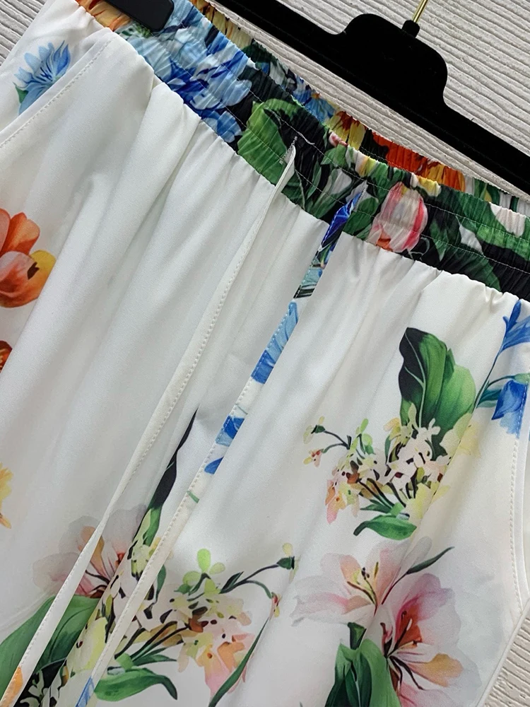 가을 여성 레저복 프린트 레이스 허리 포켓 긴팔 셔츠+엘라스틱 허리 와이드 레그 바지 패션 투피스 세트